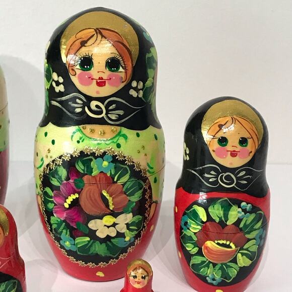 Signed Set of 5 Vintage Nesting Doll Matryoshka Russian Hand Painted Gold Gilt - Picture 8 of 16